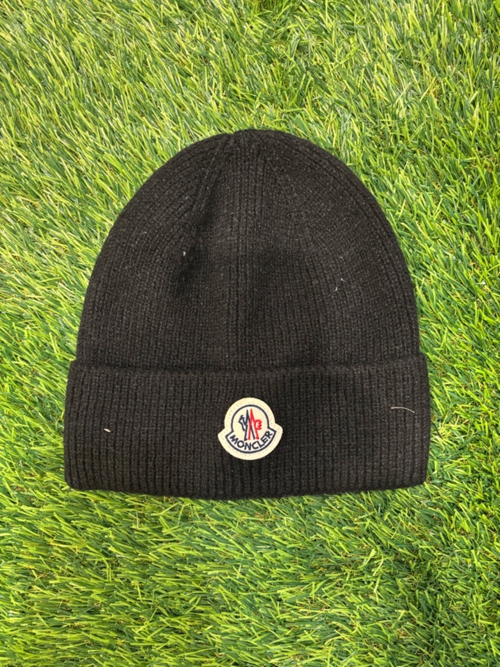 Moncler Black Ribbed Beanie with Logo Patch